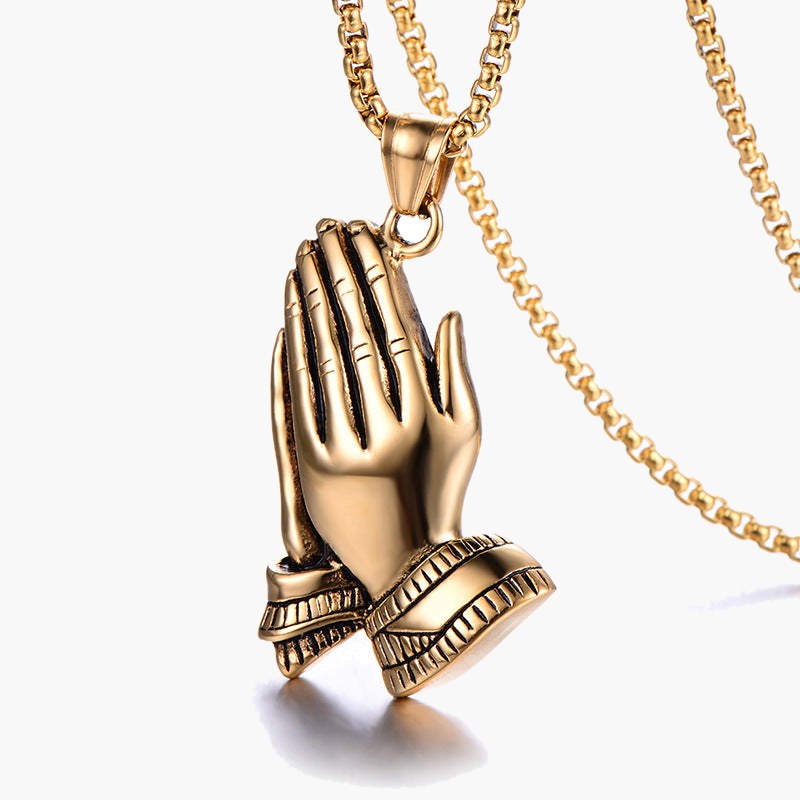 Praying Hands Pendant Necklace, gold-tone, square pearl chain view 5