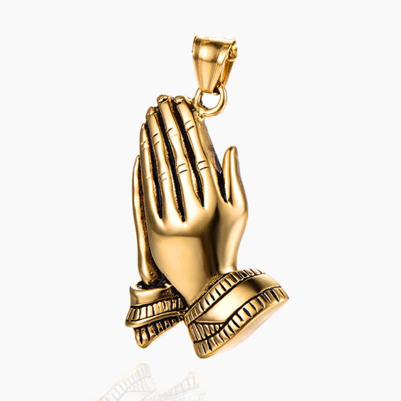 Praying Hands Pendant Necklace, gold-tone, square pearl chain view 2