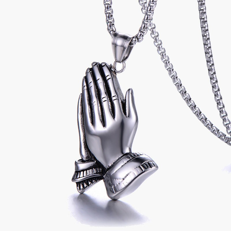 Praying Hands Pendant Necklace, gold-tone, square pearl chain view 6