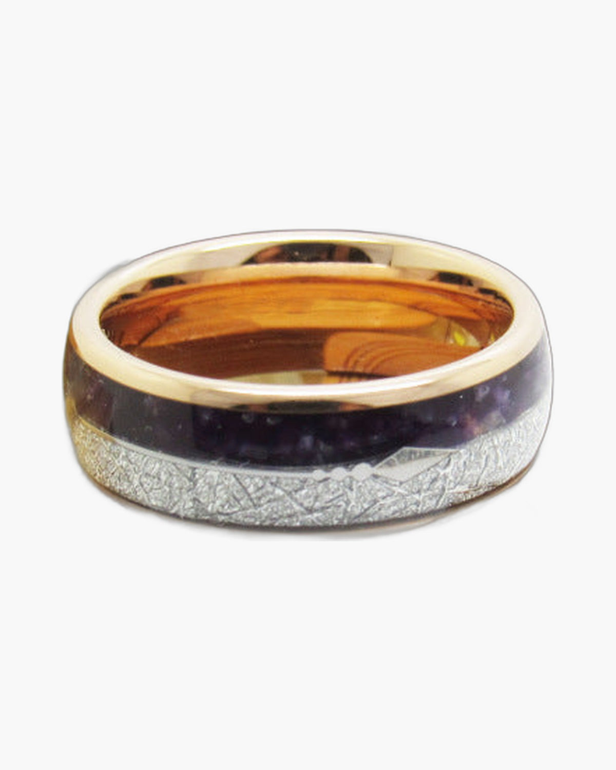 Rose Gold Tungsten Carbide Inlaid Ring with purple lapis lazuli and silver-tone inlay view 3