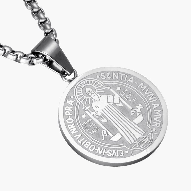 Saint Benedict Medal Pendant Necklace, silver-tone
