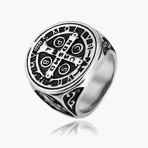 Saint Benedict Medal Signet Ring in gold-tone and silver-tone finishes view 3