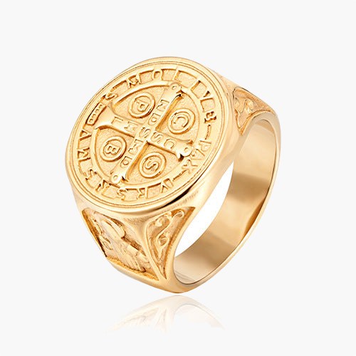 Saint Benedict Medal Signet Ring in gold-tone and silver-tone finishes view 2