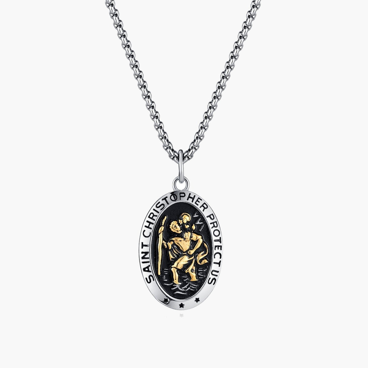 Saint Christopher Oval Pendant Necklace on a chain, silver and gold-tone