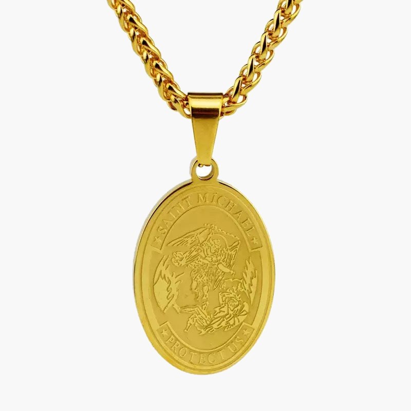 Saint Michael Oval Pendant Necklace in gold-tone, silver-tone, and black finishes