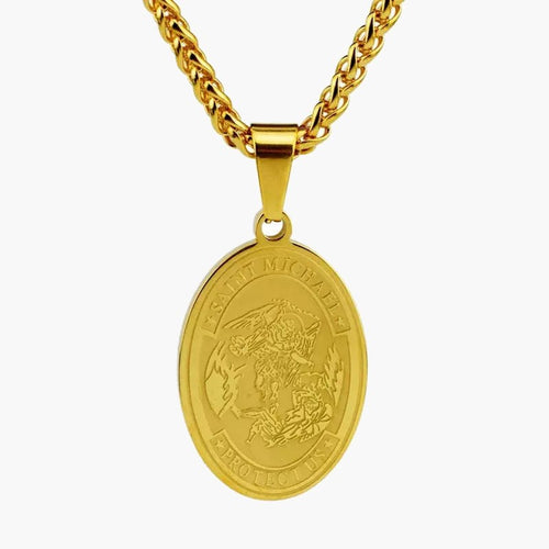 Saint Michael Oval Pendant Necklace in gold-tone, silver-tone, and black finishes