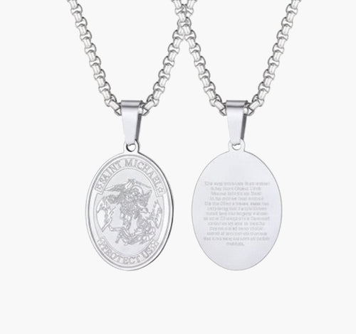 Saint Michael Oval Pendant Necklace in gold-tone, silver-tone, and black finishes view 6