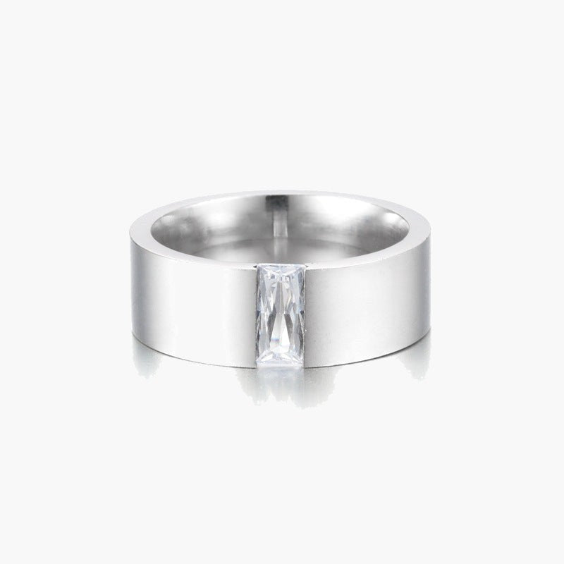 Stainless Steel Baguette Cubic Zirconia Ring, silver finish, wide band view 3