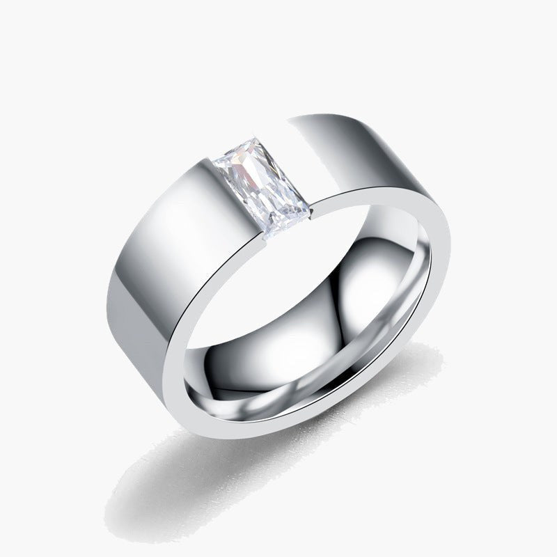 Stainless Steel Baguette Cubic Zirconia Ring, silver finish, wide band