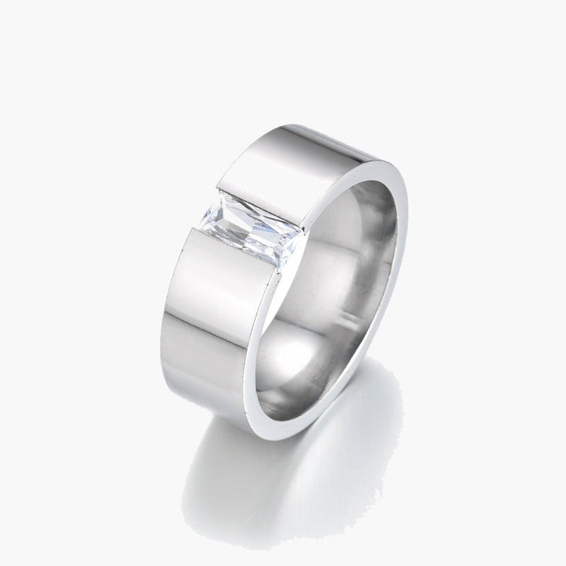 Stainless Steel Baguette Cubic Zirconia Ring, silver finish, wide band view 4