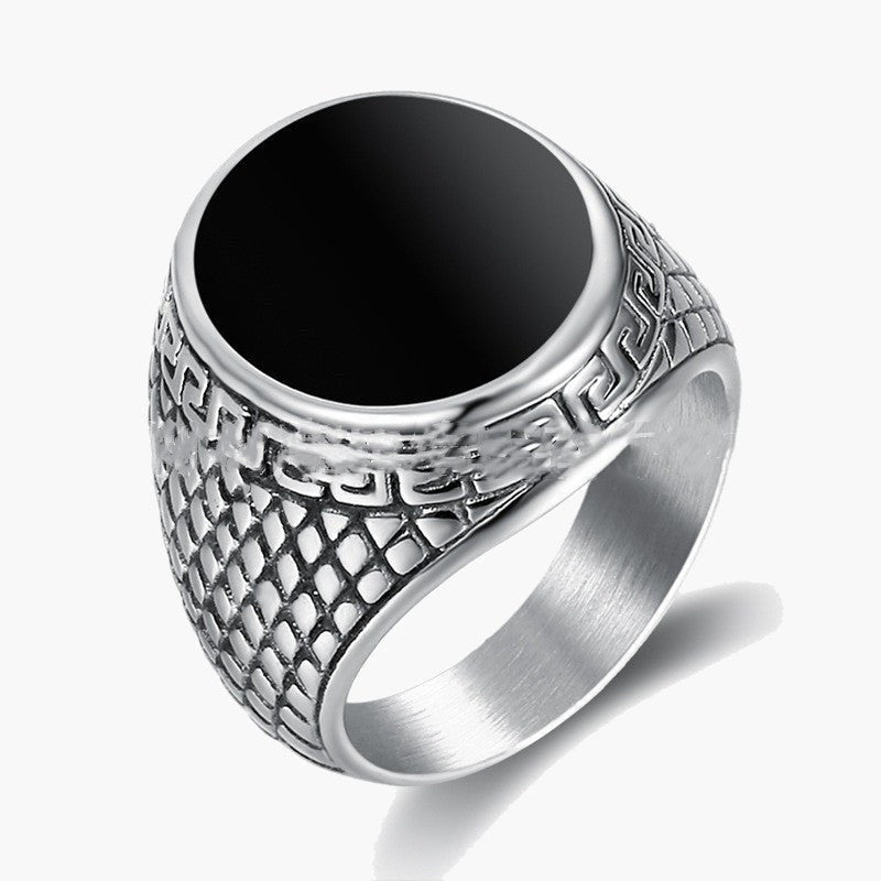 Stainless Steel Black Inlay Signet Ring with geometric patterns