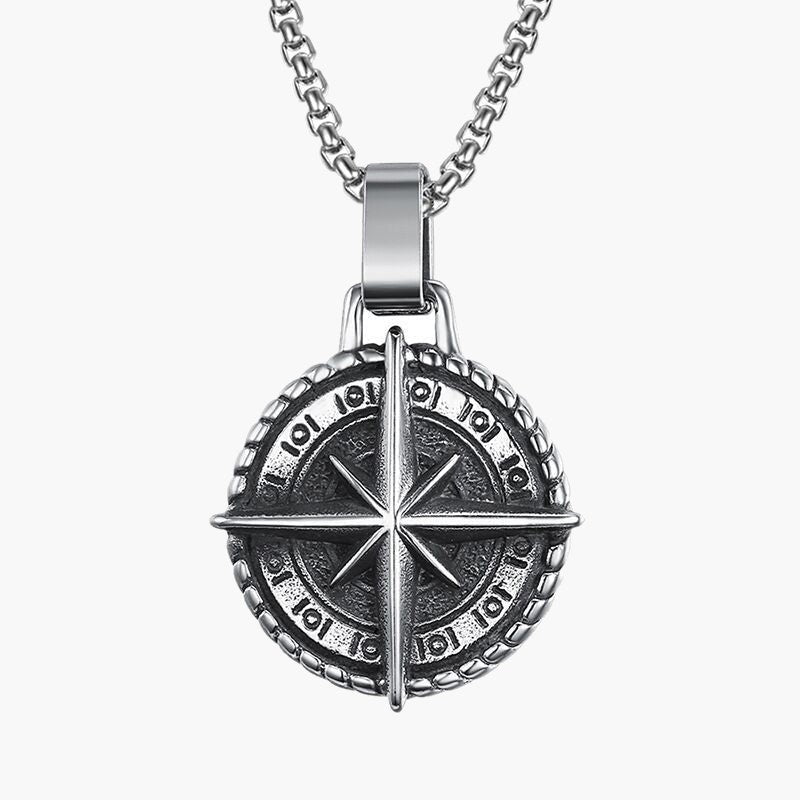 Stainless Steel Compass Pendant Necklace, silver-tone with detailed compass rose