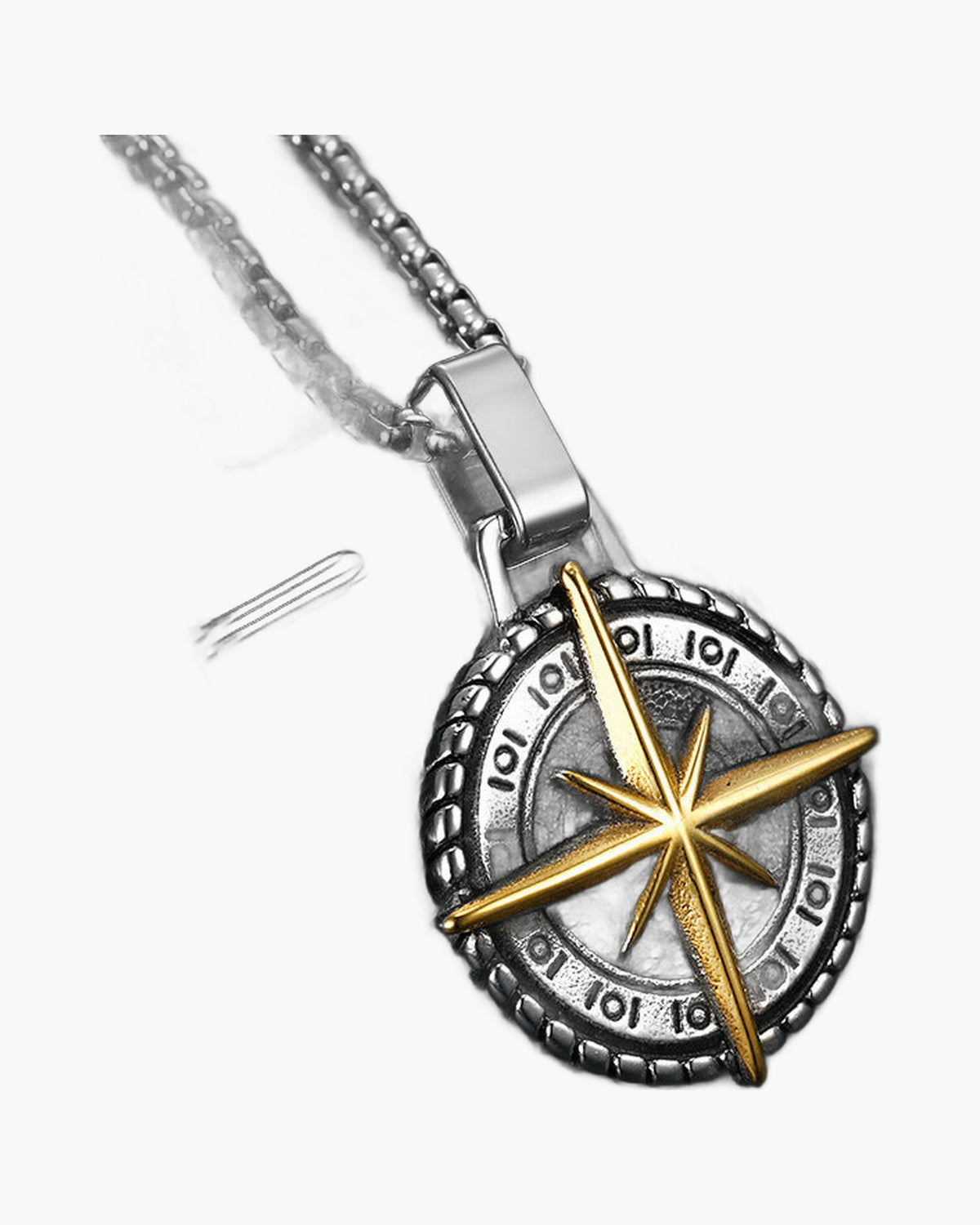 Stainless Steel Compass Pendant Necklace, silver-tone with detailed compass rose view 5