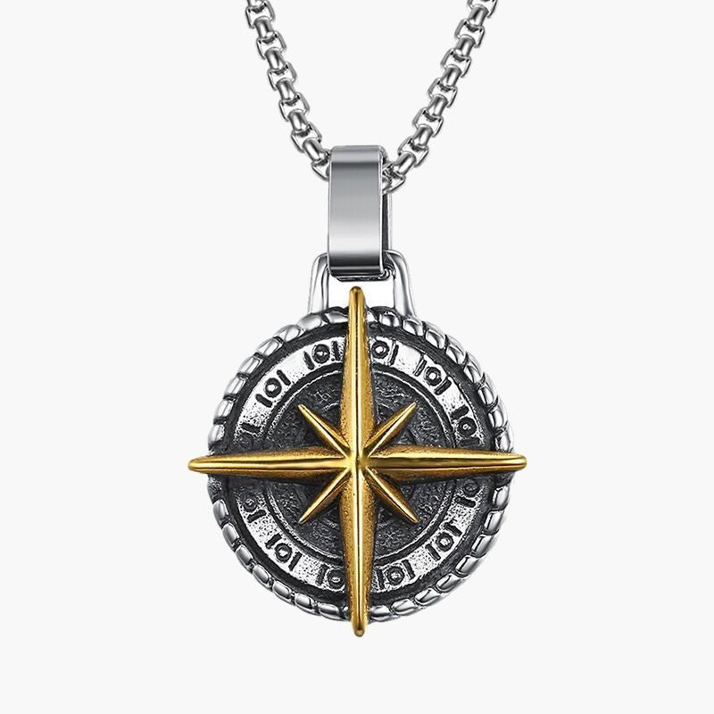 Stainless Steel Compass Pendant Necklace, silver-tone with detailed compass rose view 2