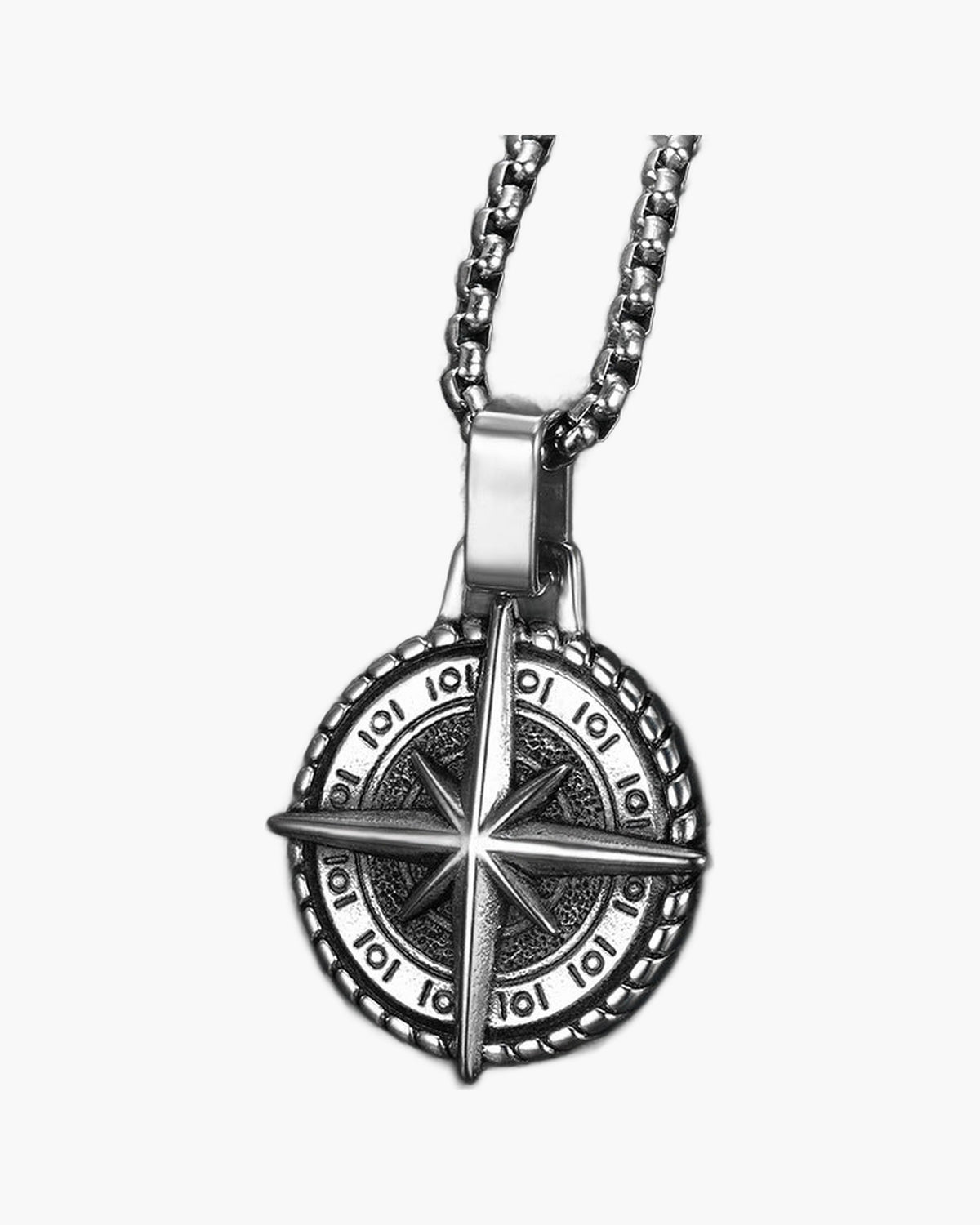 Stainless Steel Compass Pendant Necklace, silver-tone with detailed compass rose view 3