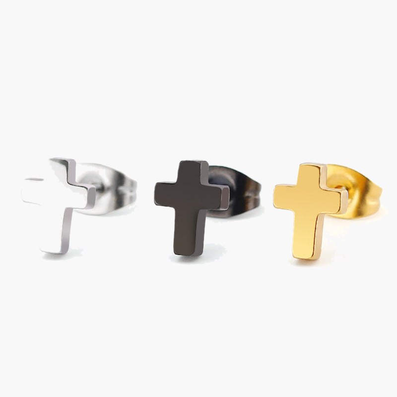 Stainless Steel Cross Stud Earrings in silver, black, and gold-tone
