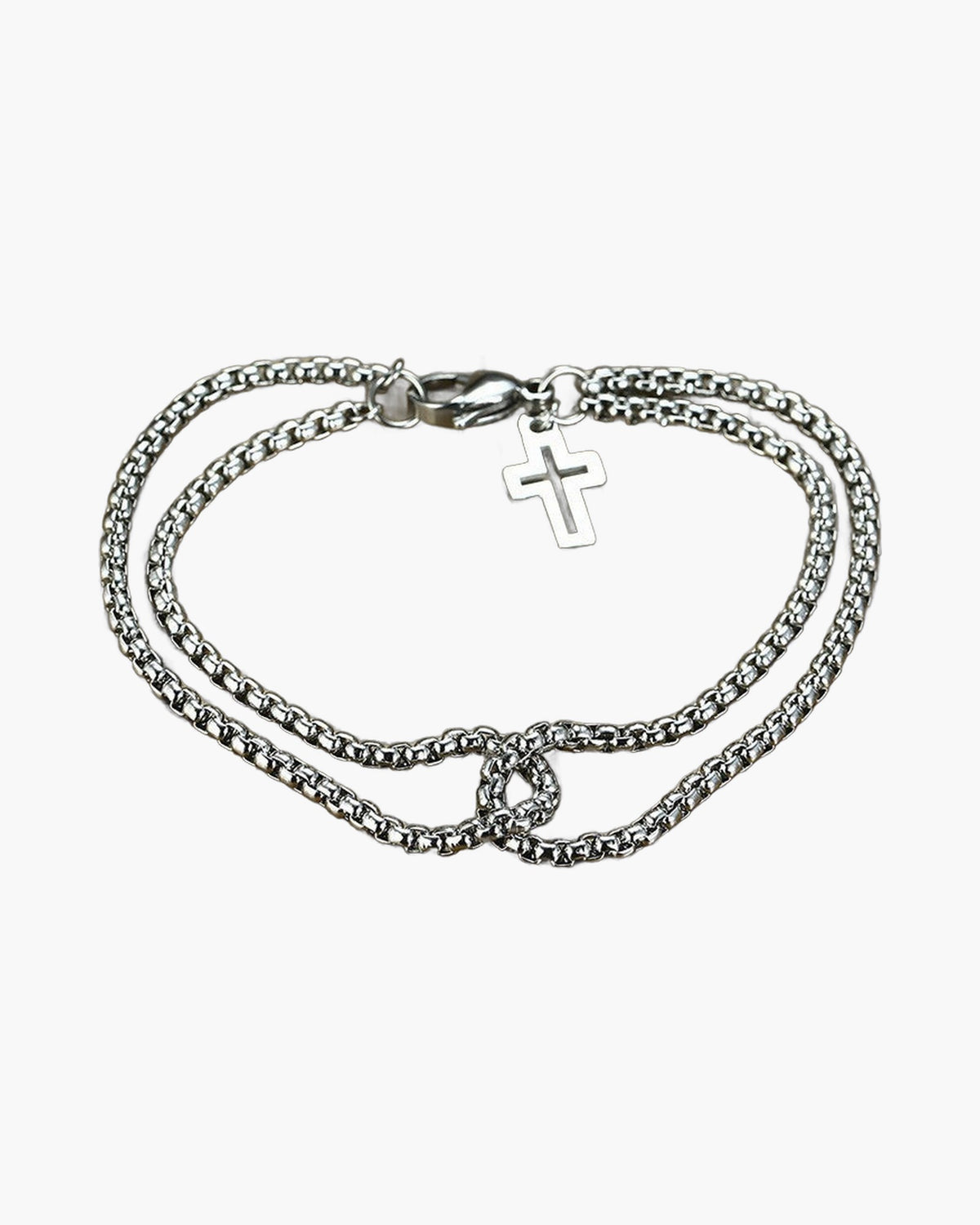 Stainless Steel Double Rolo Chain Cross Bracelet, silver-tone, worn on wrist view 3