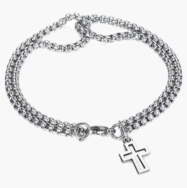 Stainless Steel Double Rolo Chain Cross Bracelet, silver-tone, worn on wrist