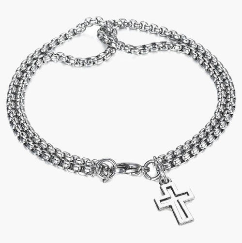Bracelet croix double maille jaseron en acier inoxydable