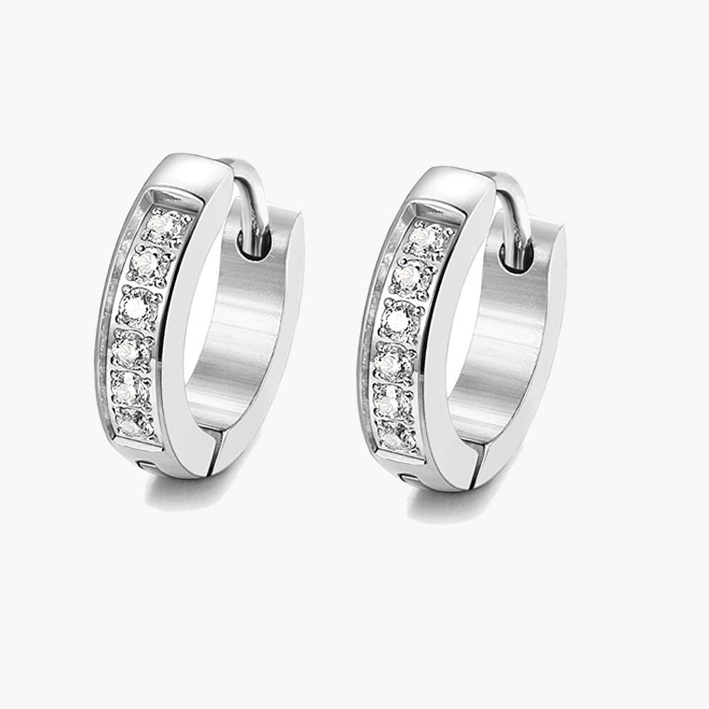 Stainless Steel Iced Huggie Hoop Earrings, silver-tone with cubic zirconia