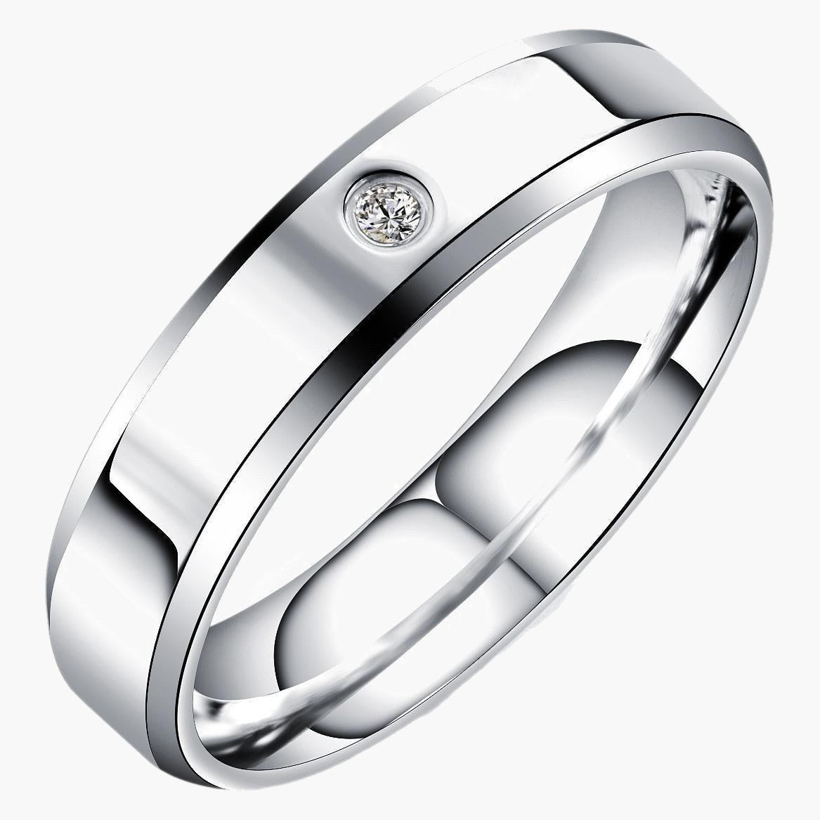 Stainless Steel Inlaid Cubic Zirconia Ring, polished silver-tone