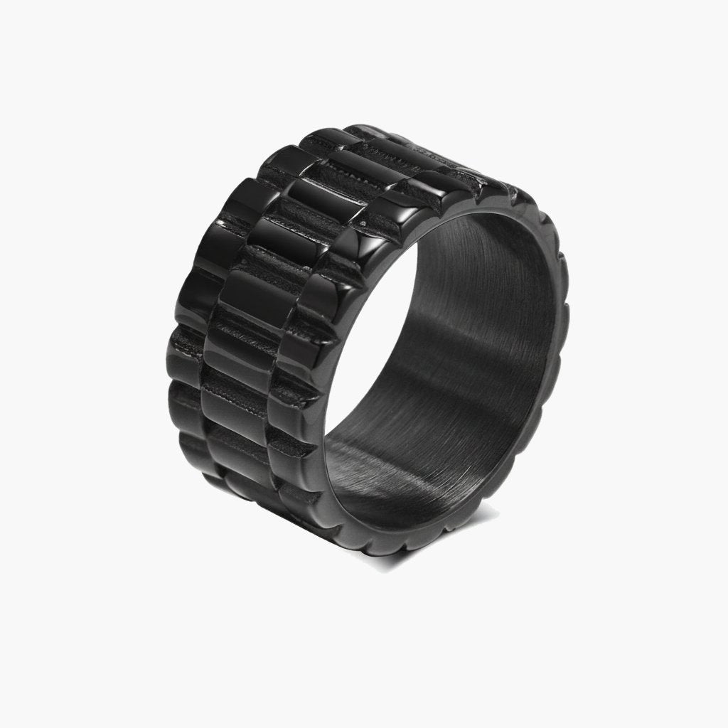 Stainless Steel Link Band Ring, black finish, textured view 6