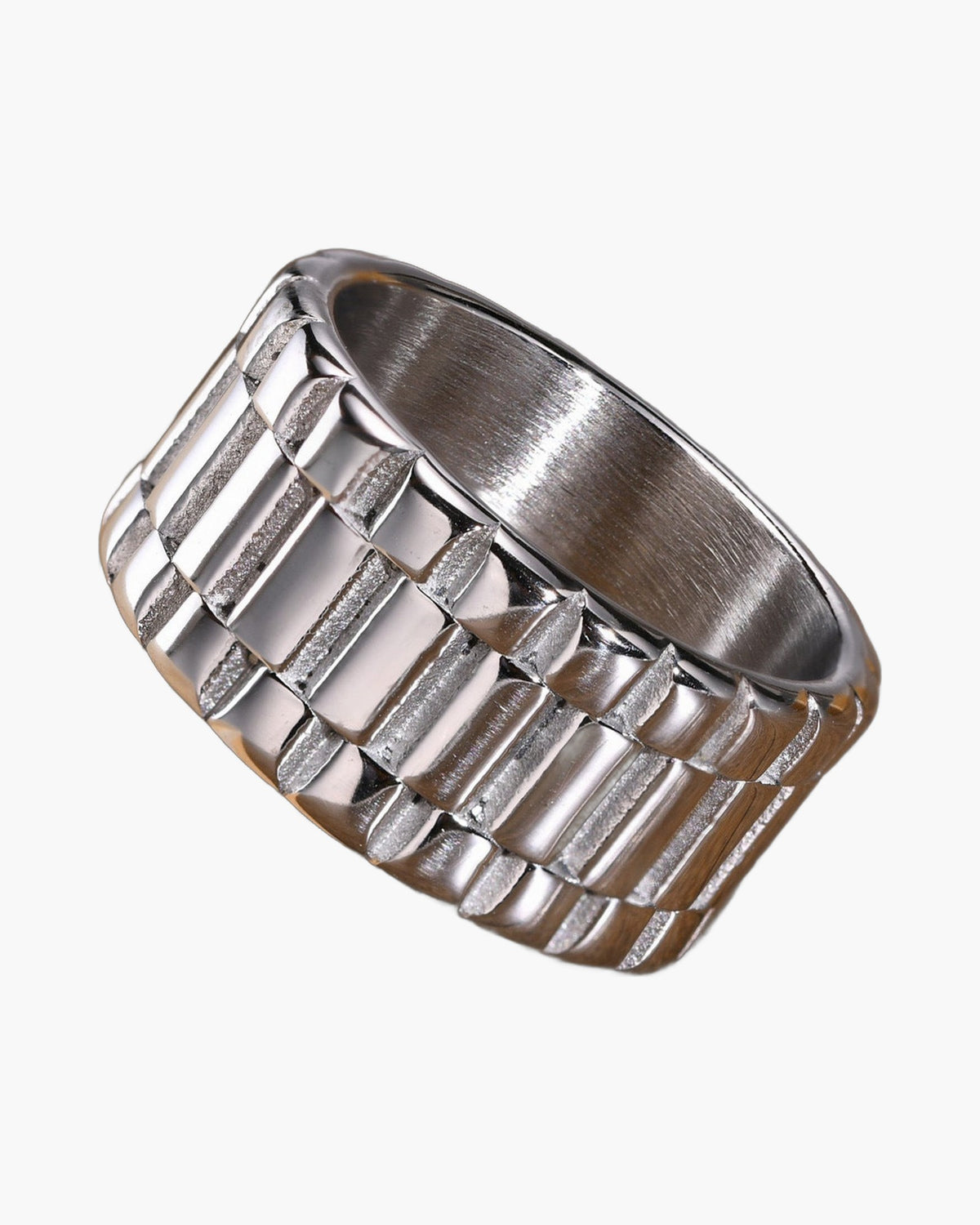 Stainless Steel Link Band Ring, black finish, textured view 2