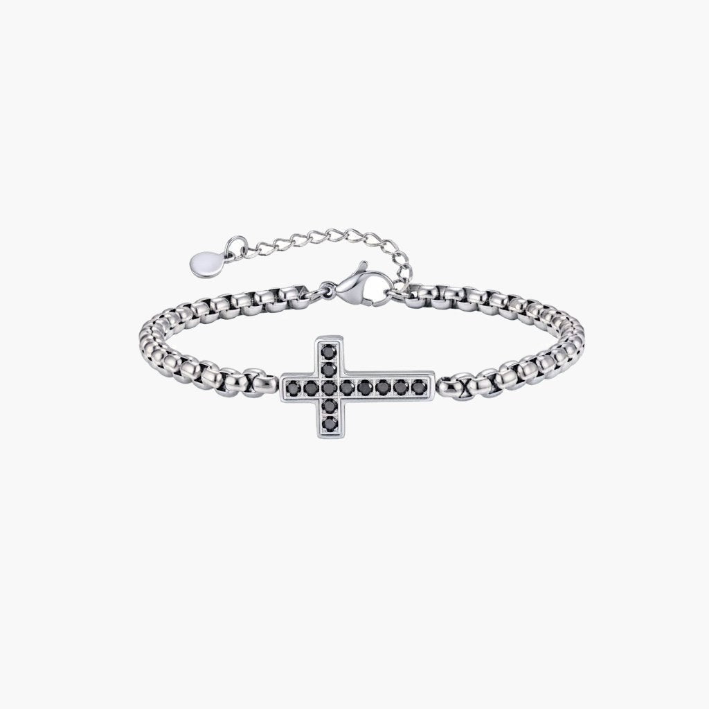 Stainless Steel Rolo Chain CZ Cross Bracelet with black stones view 4