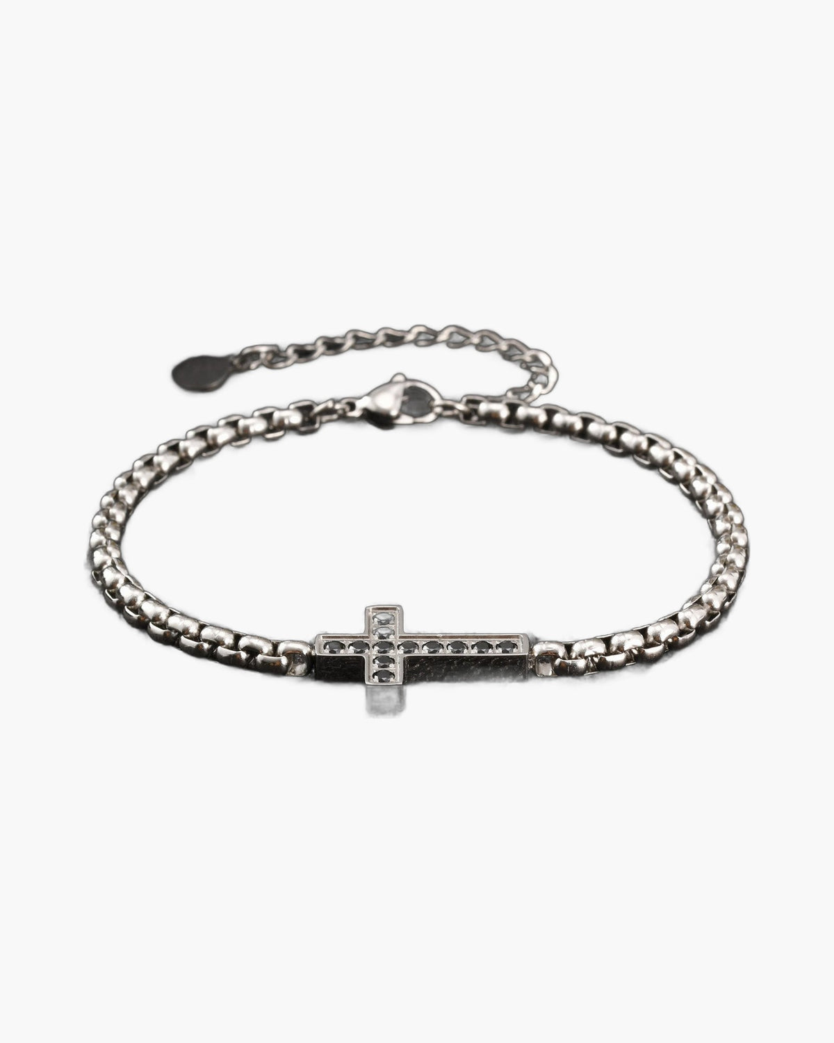 Stainless Steel Rolo Chain CZ Cross Bracelet with black stones view 2