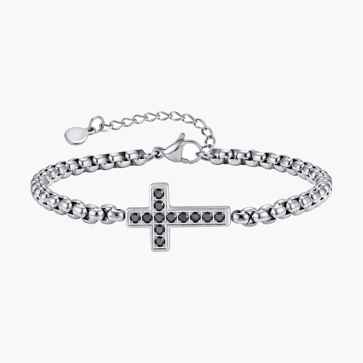 Stainless Steel Rolo Chain CZ Cross Bracelet with black stones