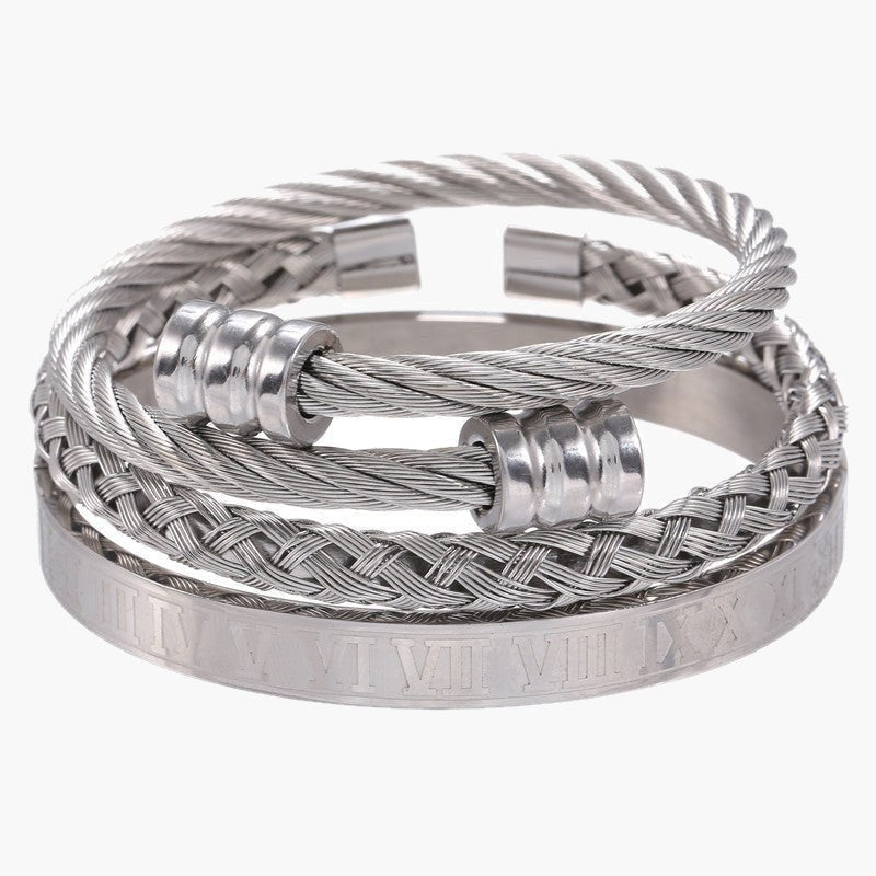 Stainless Steel Roman Numeral Bracelet Set with gold-tone accents view 5