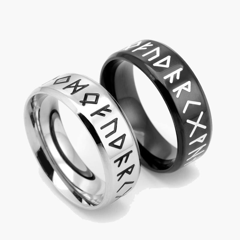 Stainless Steel Rune Band Ring, silver, black, etched view 2