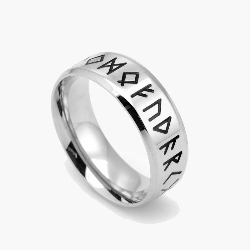 Stainless Steel Rune Band Ring, silver, black, etched view 4