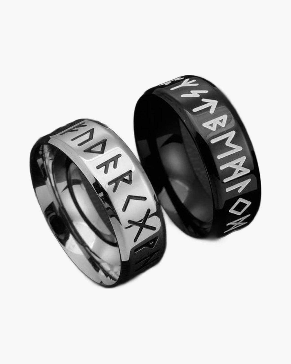 Stainless Steel Rune Band Ring, silver, black, etched