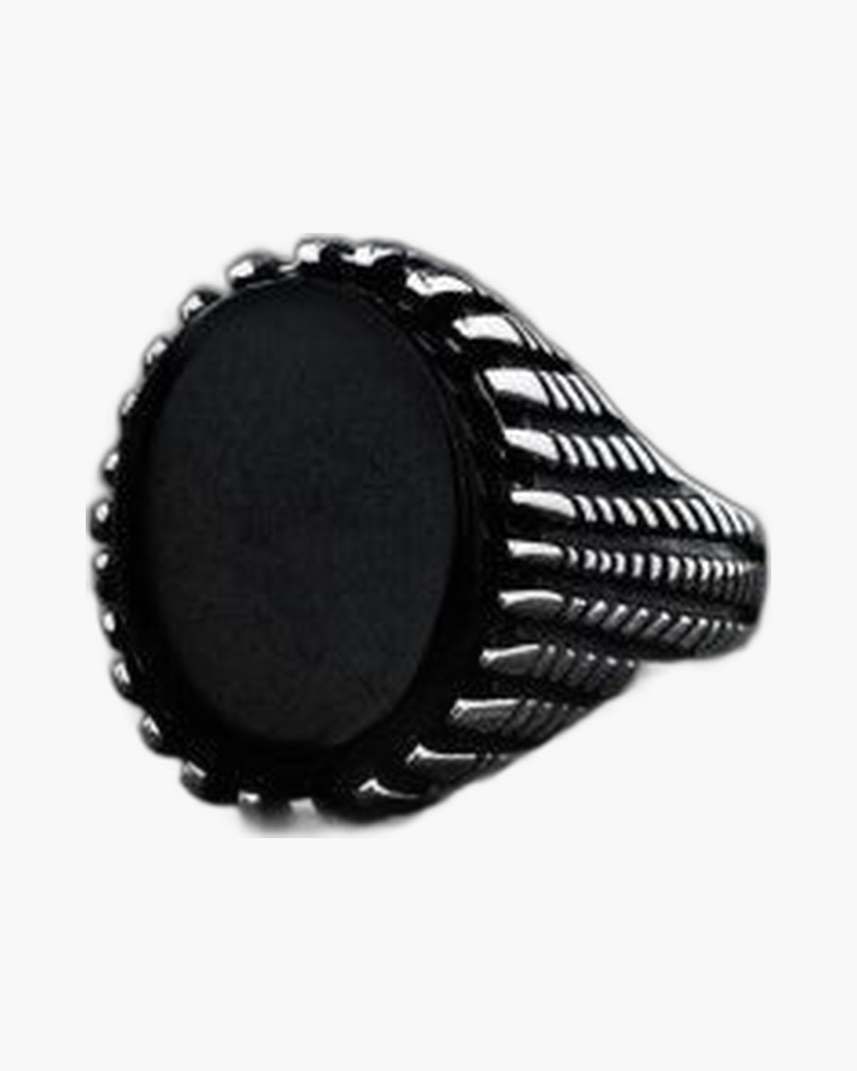 Stainless Steel Textured Band Signet Ring with black gemstone inlay view 2