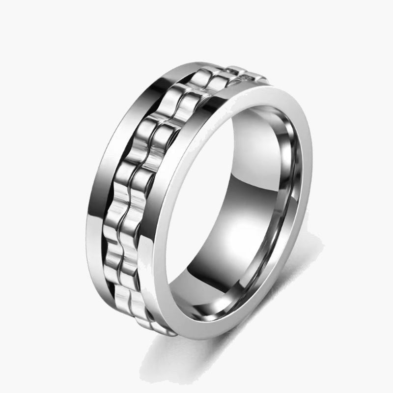 Stainless Steel Textured Spinner Ring with a gold-tone inner band view 2