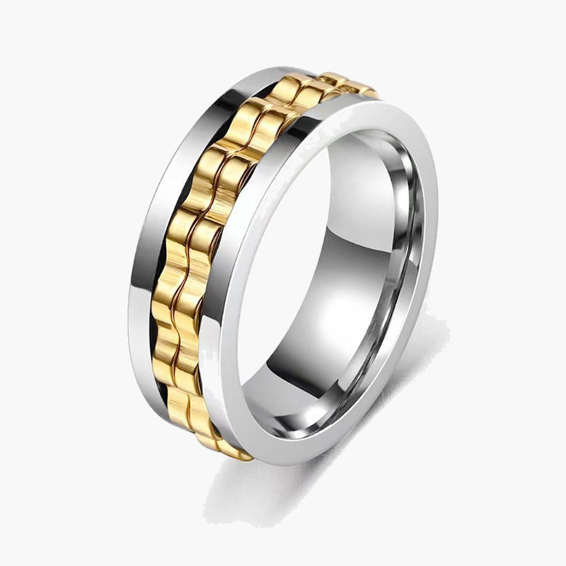 Stainless Steel Textured Spinner Ring with a gold-tone inner band