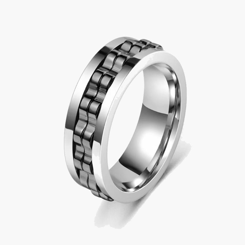 Stainless Steel Textured Spinner Ring with a gold-tone inner band view 4