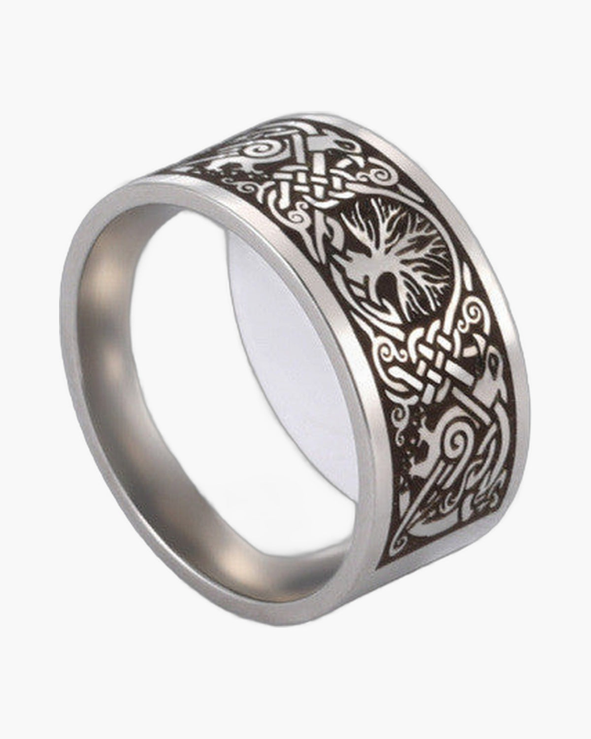 Stainless Steel Tree of Life Band with etched Viking motif view 3