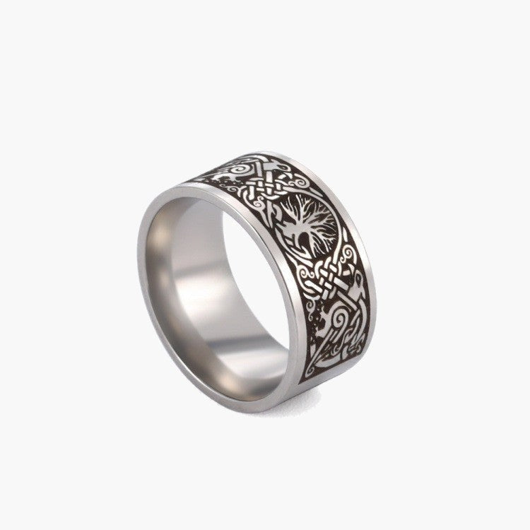 Stainless Steel Tree of Life Band with etched Viking motif view 4