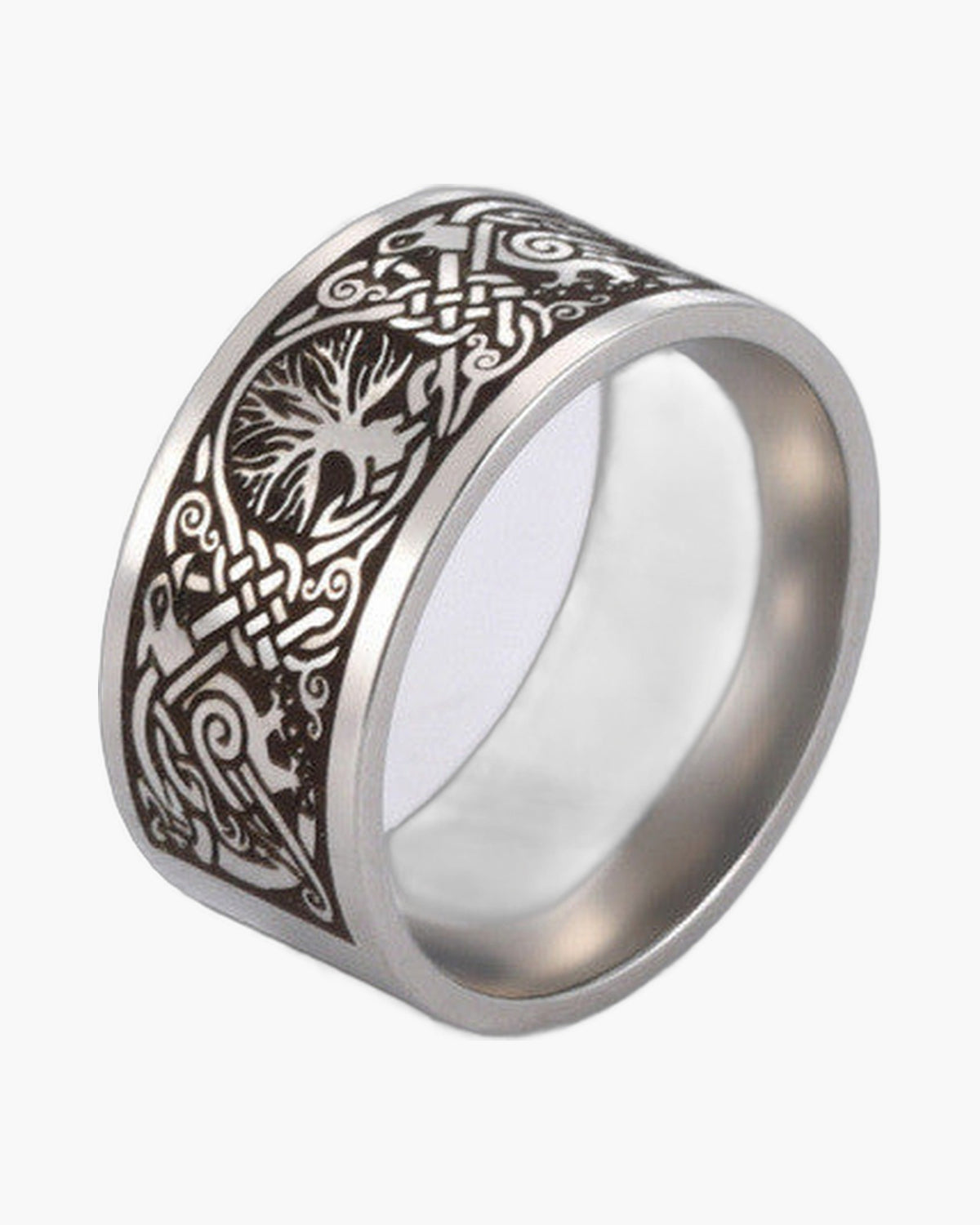 Stainless Steel Tree of Life Band with etched Viking motif view 2