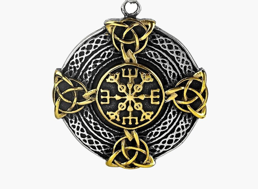 Stainless Steel Viking Compass Pendant Necklace with chain on dark rock view 4