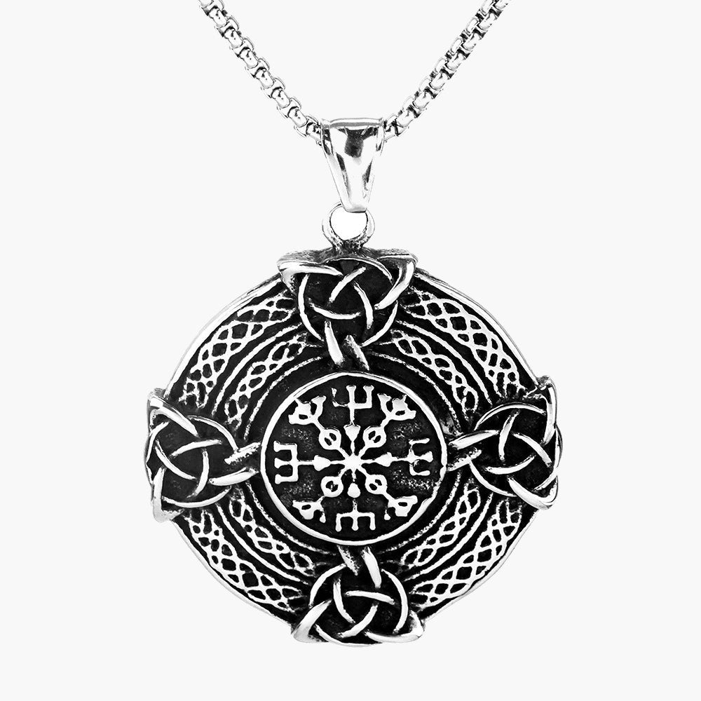 Stainless Steel Viking Compass Pendant Necklace with chain on dark rock view 3