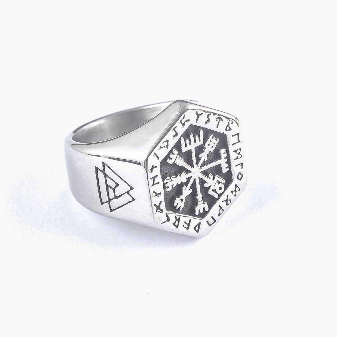 Stainless Steel Viking Compass Signet Ring with Vegvisir symbol