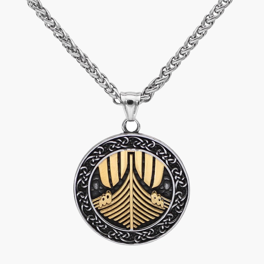 Stainless Steel Viking Longship Pendant Necklace with gold-tone finish