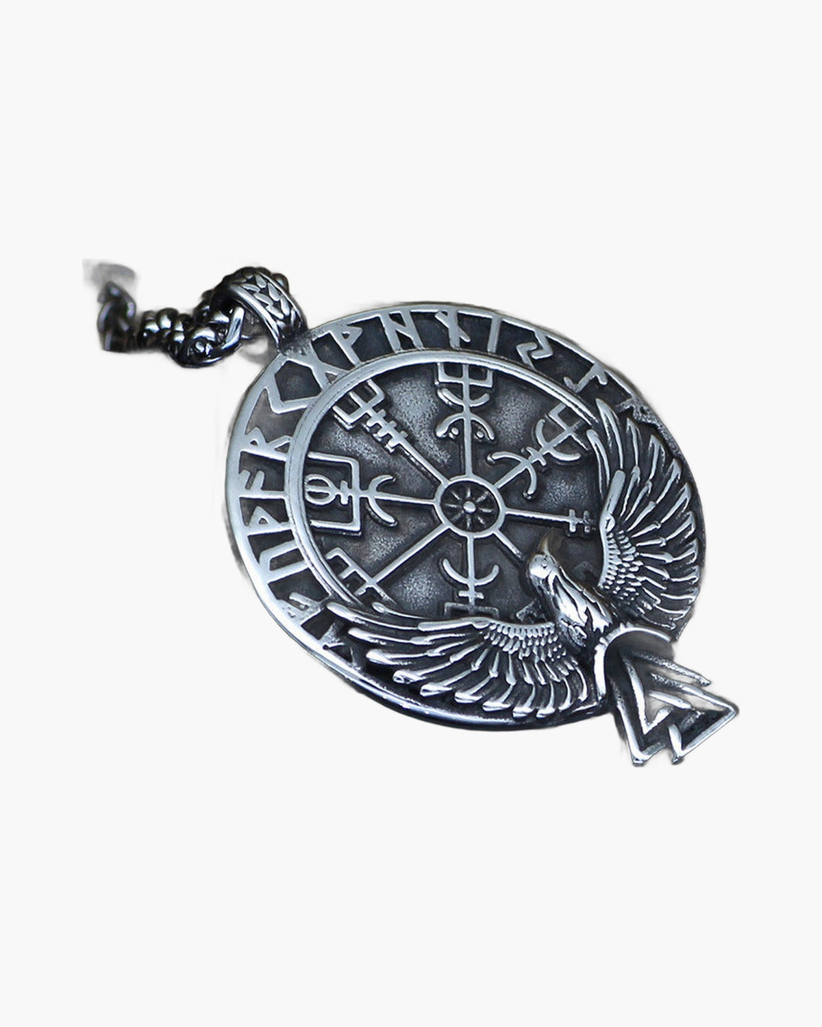 Stainless Steel Viking Raven Compass Necklace with detailed Vegvisir and runes view 4