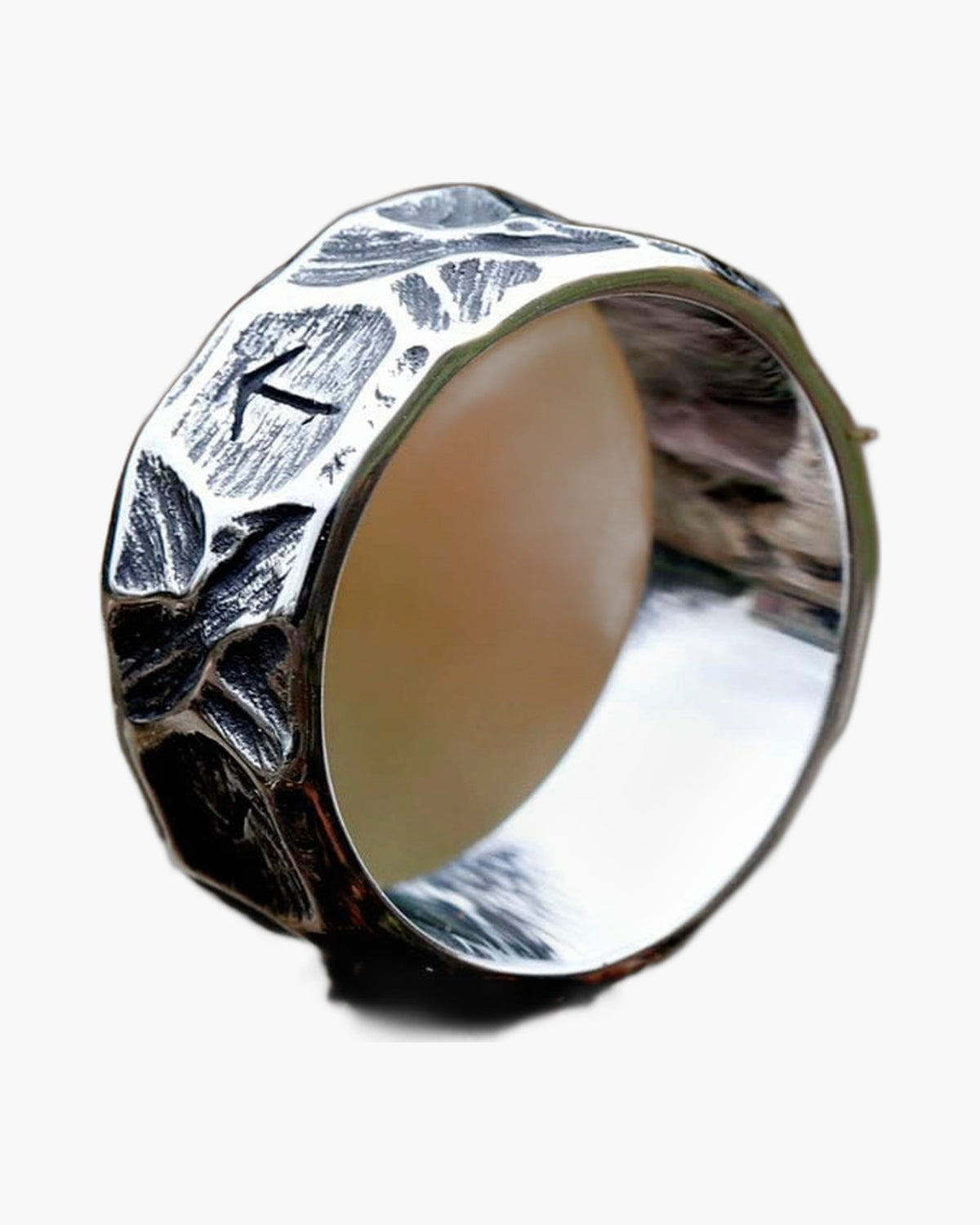 Textured Titanium Steel Rune Ring, steel color, black finish view 3