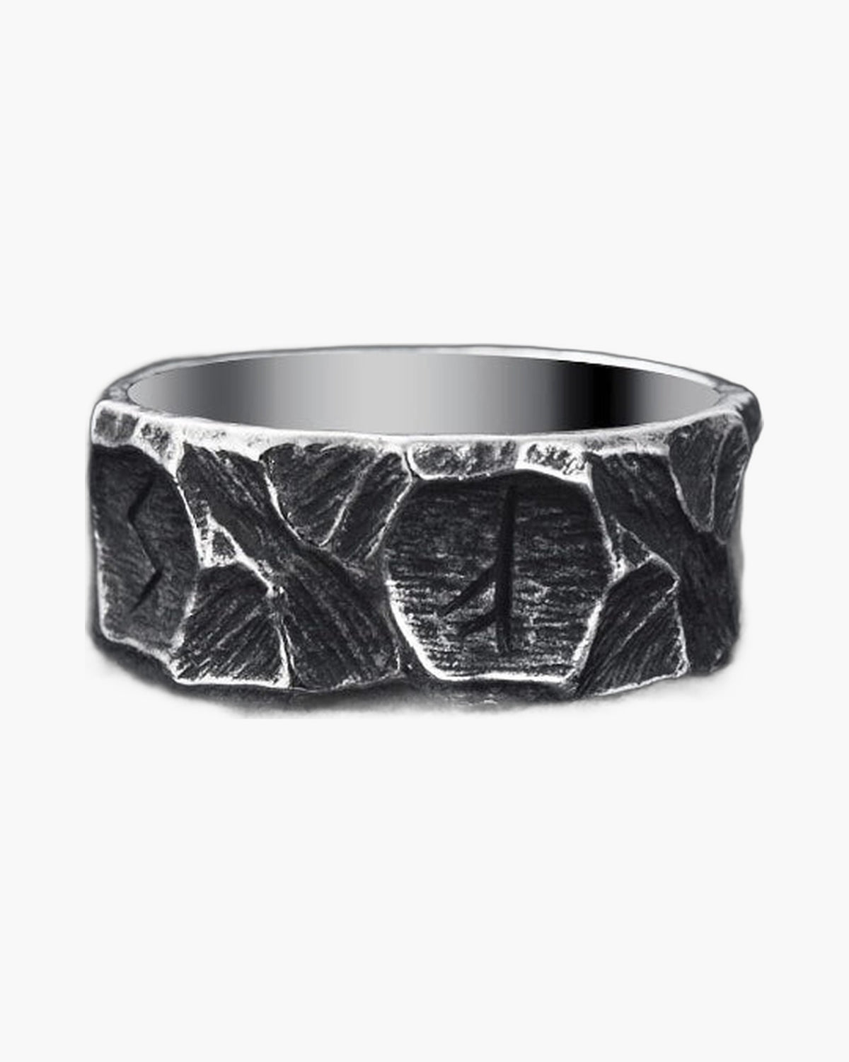 Textured Titanium Steel Rune Ring, steel color, black finish