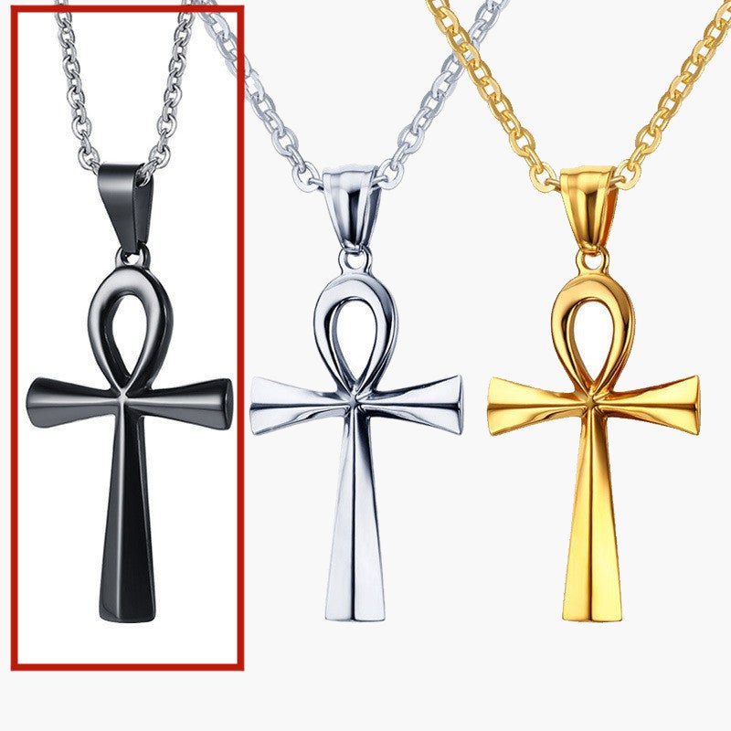 Titanium Steel Ankh Cross Pendant Necklace silver finish on black background view 4