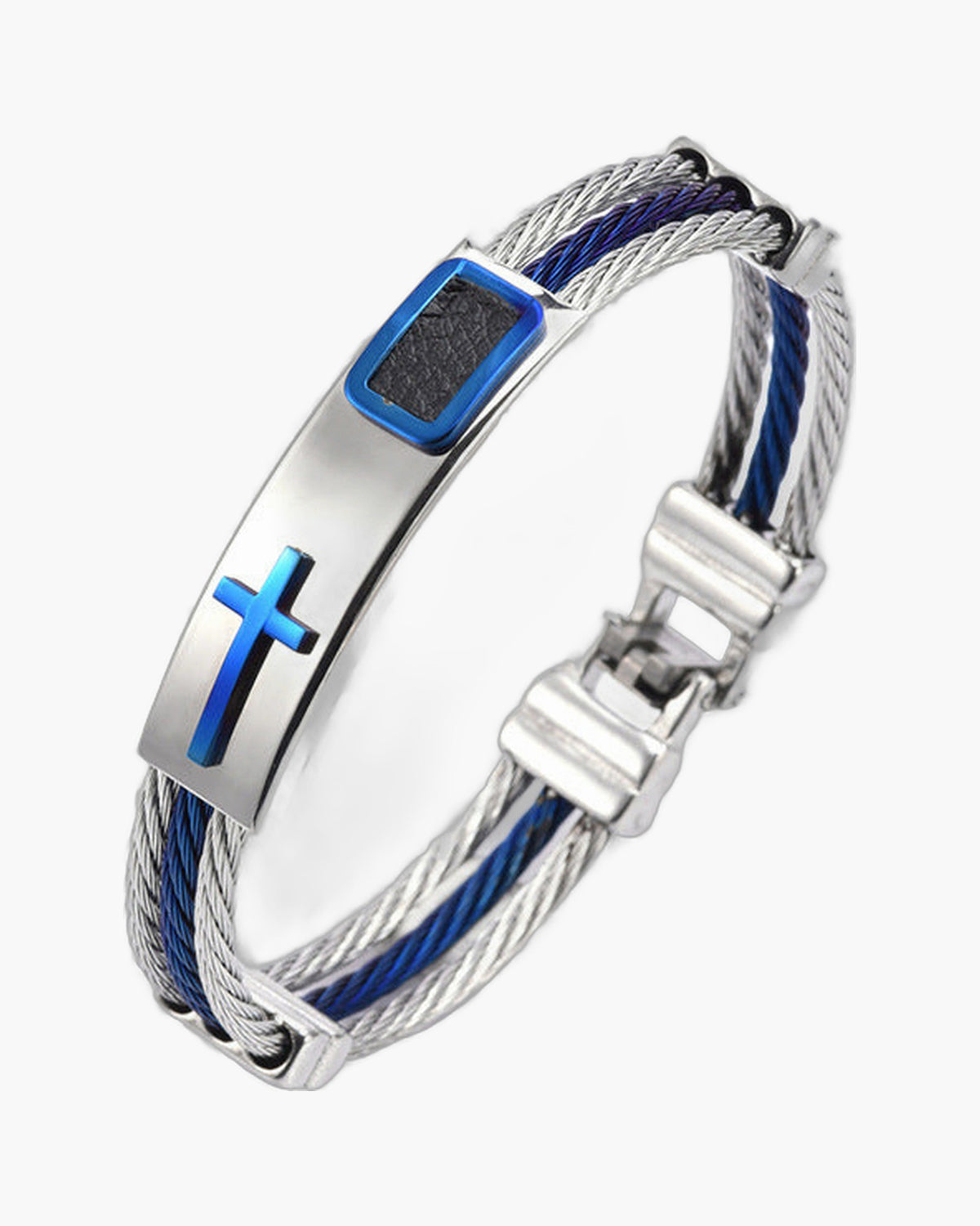 Titanium Steel Cable Cross Bracelet with silver finish and black inlay view 3